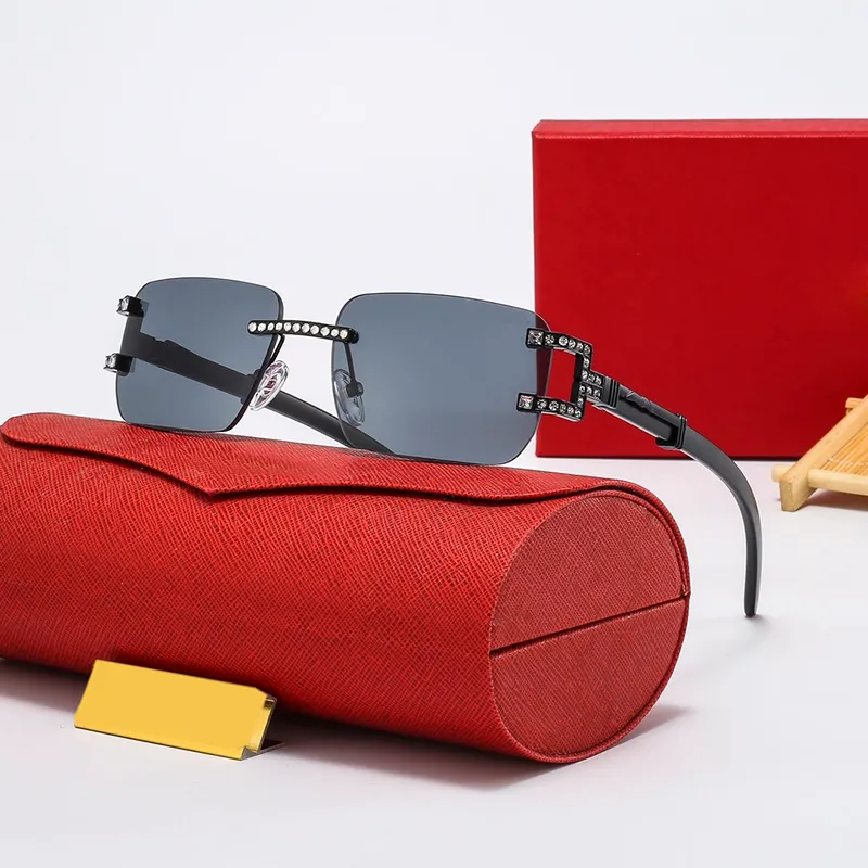 Randlose Sonnenbrille für Herren, Luxus-Designer-Vintage-Sonnenbrille, quadratische Diamantschliff-Linse, modische Holz-Büffelhorn-Brille, C-Dekoration, Schattierungen gut