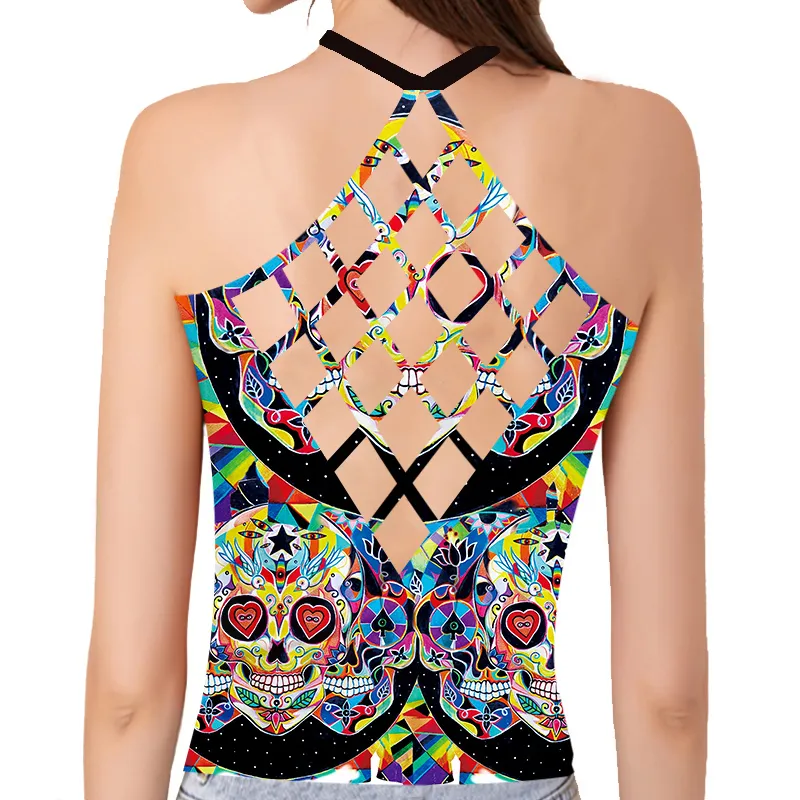 CJLM Skull 3D Printing Hollow Vest Colorful Square Summer Sexy High Quality Sleeveless Top Funny Female Hollow Tank Top 4XL 220623