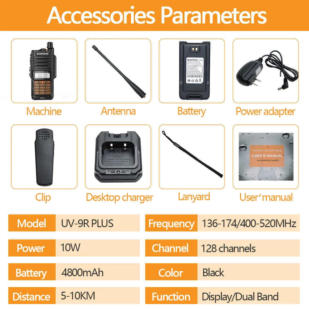 Baofeng UV-9R Plus IP68 방수 Walkie Talkie 10W 장거리 강력한 CB 라디오 VHF/UHF 휴대용 HAM UV9R 사냥