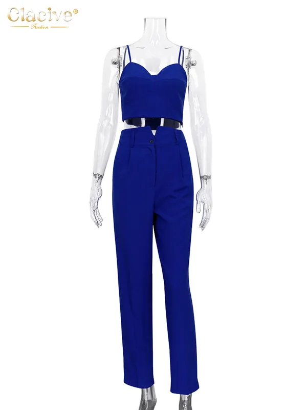 Clacive Sexy Blu Crop Top Set due pezzi Donna Summer Bodycon Pantaloni a vita alta Set Lady Elegante Slim Matita Pantaloni Tute 220704