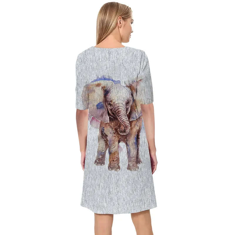 Femmes robe mignon dessin animé éléphant 3D imprimé col en v lâche décontracté à manches courtes robe droite pour les robes féminines robe grise 220616