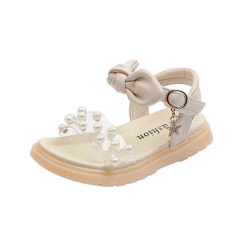 Maat 3-12 Kinderen Summer Beach Sandalen voor meisjes Fashion Bowtie Kids Princessstransparant Pearl Flat Little Girls Shoes Sandals G220523