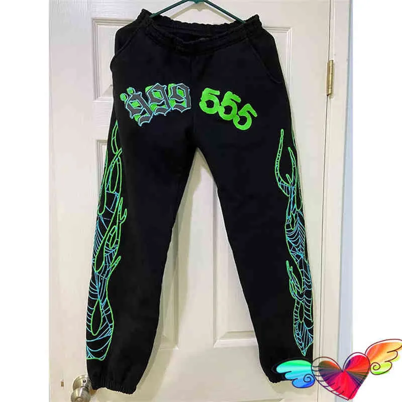 2024 Green Jogging Pants Men Women Flame Printing Pants Joggers Web Grafik Fluorescerande byxor T220721