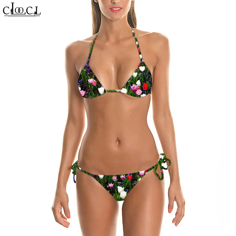 Sexy Cute Bikini Swimsuit Flower Maple Leaf Printed 3D Womens Straps Low Waist Bikinis Set Harajuku Style Beach Swimwear W220617