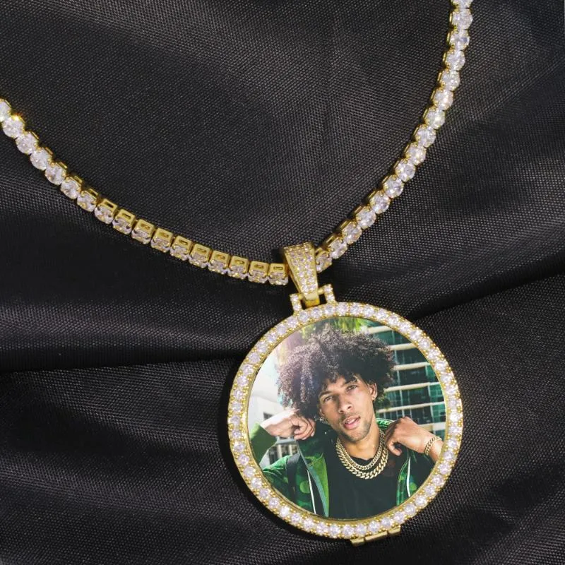 Colares de pingente redondo po personalizado medalhões imagem colar tênis corrente cor de ouro zircão cúbico masculino hip hop je259q