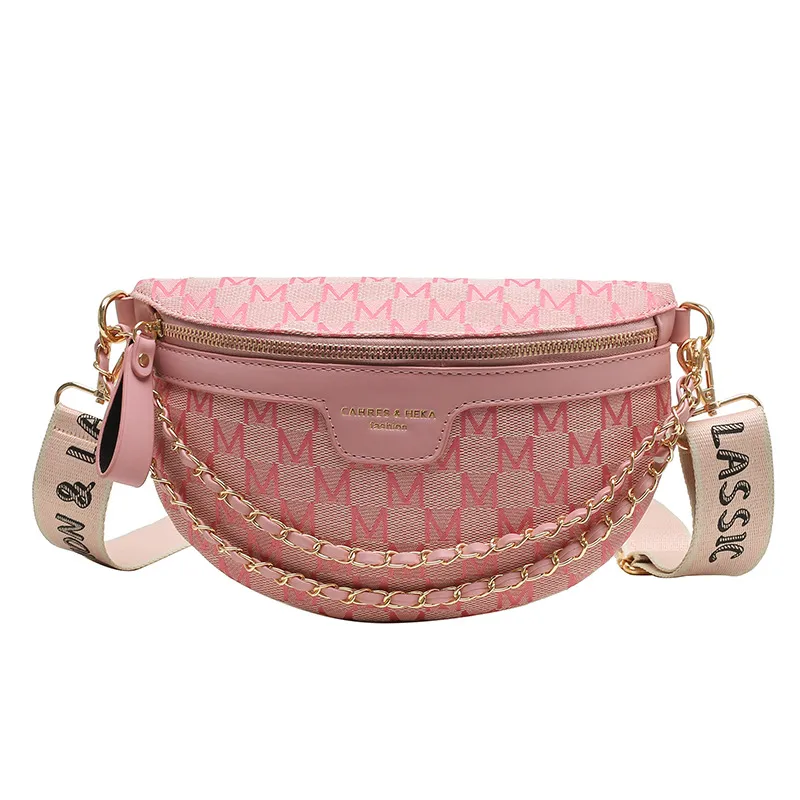 Gedrukte Letter Plaid Patroon Fanny Packs Voor Vrouwen Modieuze Keten Heuptas Vrouwelijke Taille Verpakking Dames Brede Band Crossbody Bag318x