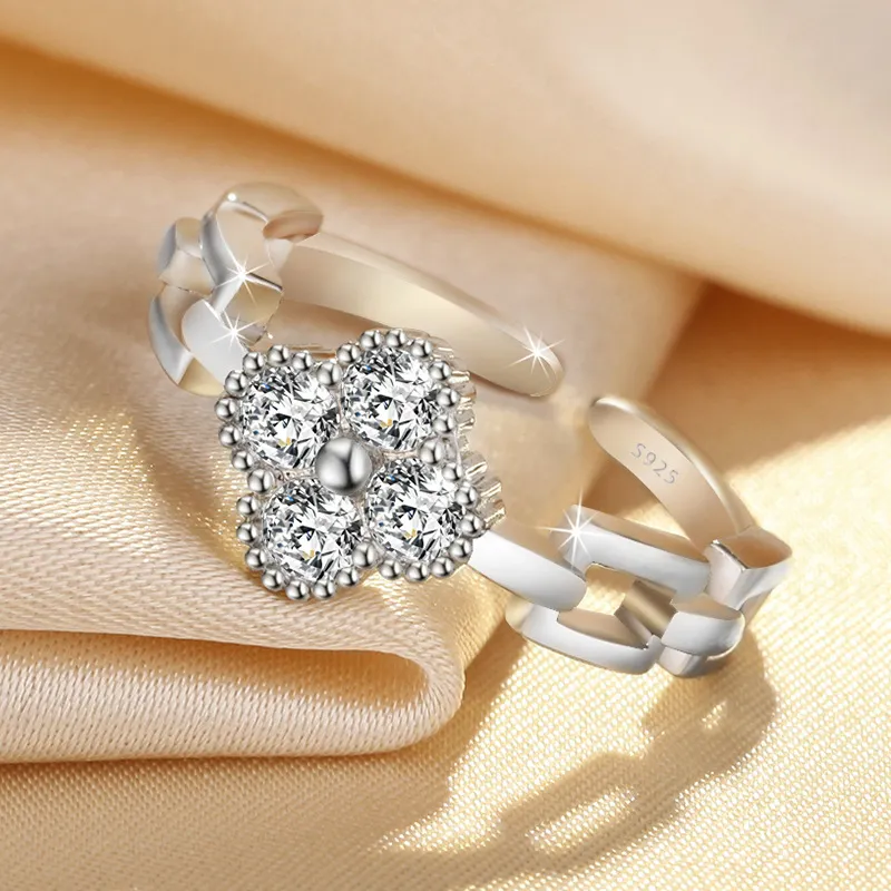 Korean Sweet Fashion Clover Designer Band Rings for Women CZ Zircon Shining Crystal Open Silver Rose Gold Bling Diamond Love Ring 306L