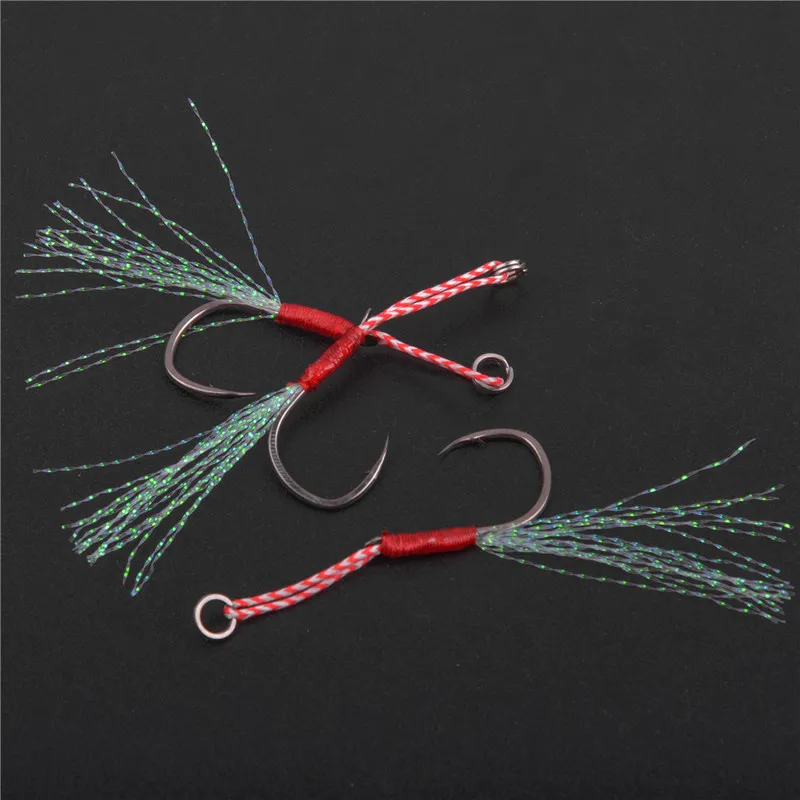 assist hook slow jigging Metal Jig Spinato Hook Tying Up Fishhook Con Teaser Feather Set di ami da pesca in acqua salata 220812