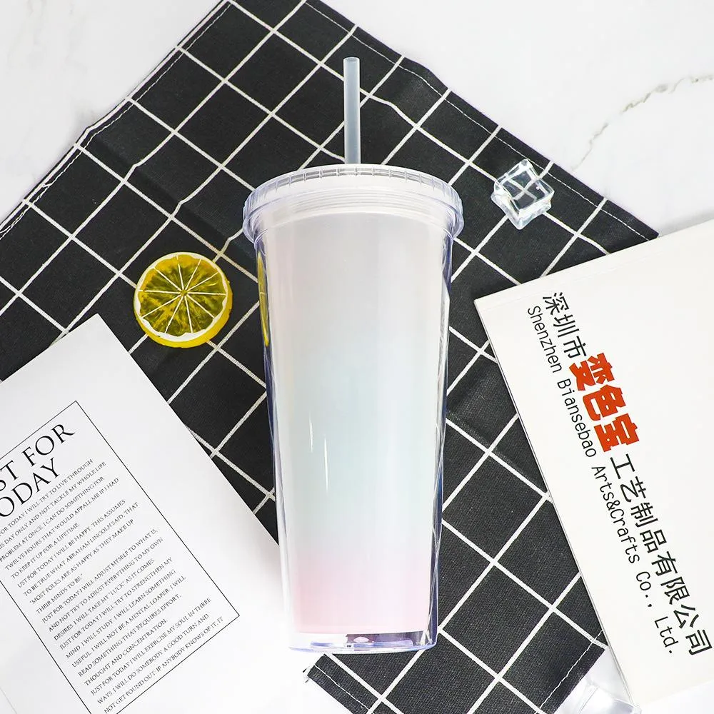 Tumbler Rainbow Color Changing 710ML Cups Coffee Mugs BPA Free Plastic Diamond lids Water Bottle with Straw Double Wall Drinking Cup Wholesale C0421