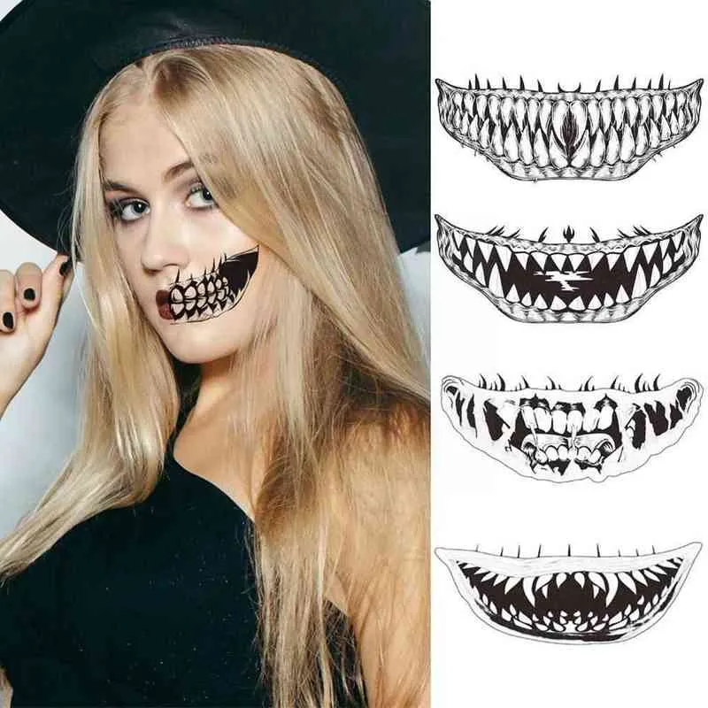 NXY Tymczasowy Tatuaż 1 Sztuk Halloween Naklejka Stojem Usta Zęby Wodoodporny Dark Wind Funny Makeup 0330
