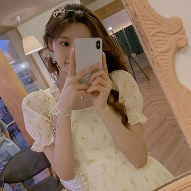 Korean Fashion Flower Mini Dresse Puffer Sleeve Elegant Party Dress Female Summer Lace Up Sweet Casual Dress Y2k 220516