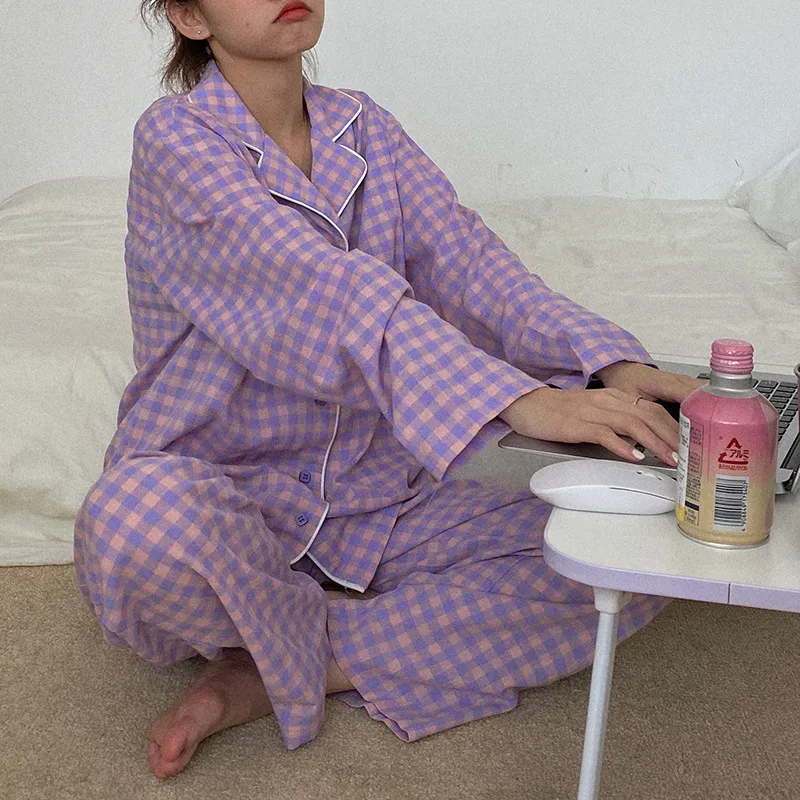 Women's Plaid Pajamas Set Turn-down Collar Sleepwear Full Sleeve Tops+Long Pants Suit Homewear Pyjamas Nightwear 220329