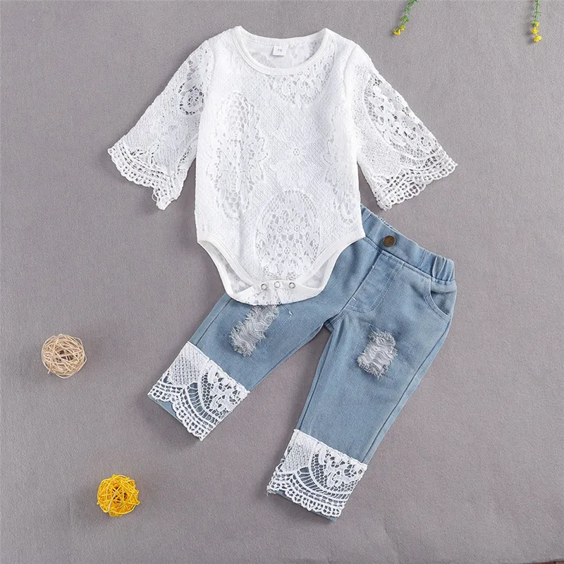 Lioraitiin 024m Baby Girls Fall Close Sleeve Romper Suit Triangle Croct Lace Top Hole Jeans Outfit 220602