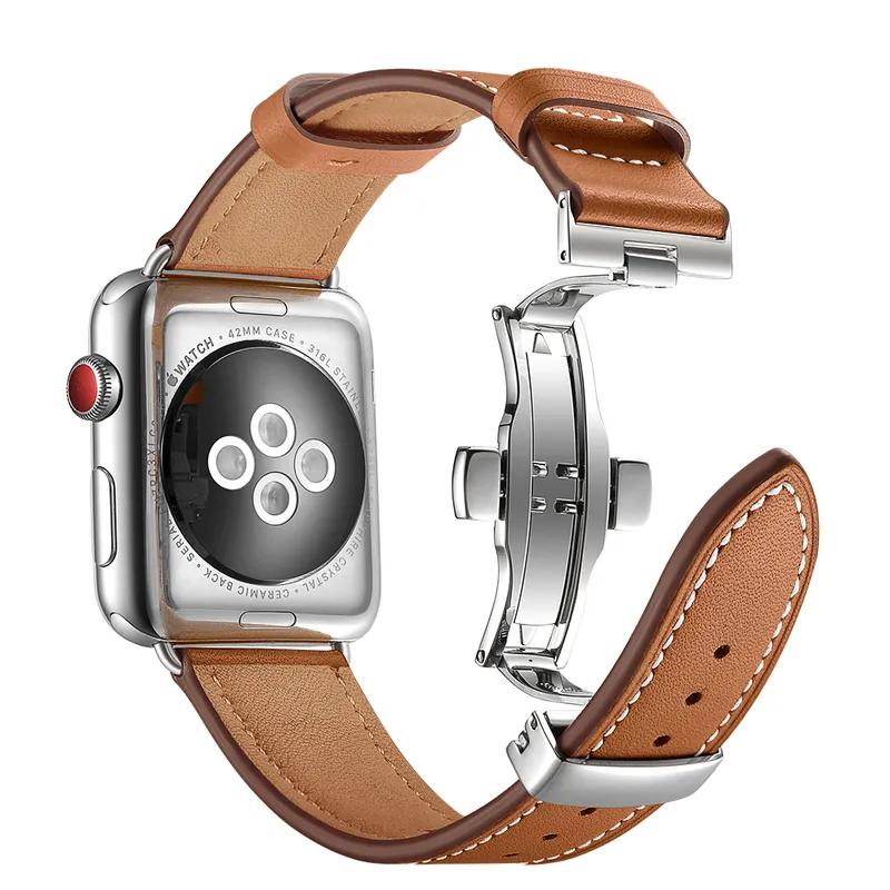 Para la banda de Apple Watch, correa de cuero genuina, Apple Watch 7 6 5 4 3 2 1 SE 45 mm 41 mm Correa de cierre de mariposa para iwatch 44/40 mm 42 38 220518