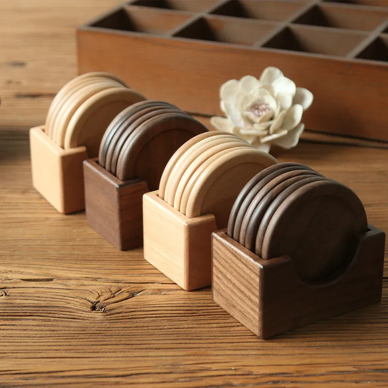 Holzuntersetzer-Set im japanischen Stil, schwarzes Walnuss-Massivholz, rundes Tischset, Heizkissen, 6-teilig, verpackt