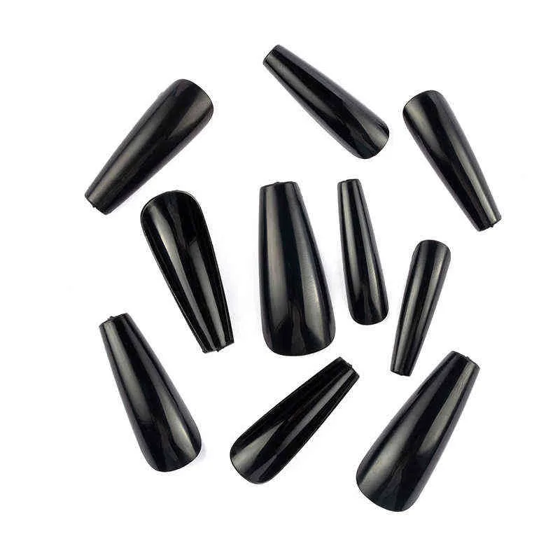False Nails Artificial Tips Black Arcylic Fake Press on Long Coffin Capsule Pure Color Wearable Fingernails 06163037108