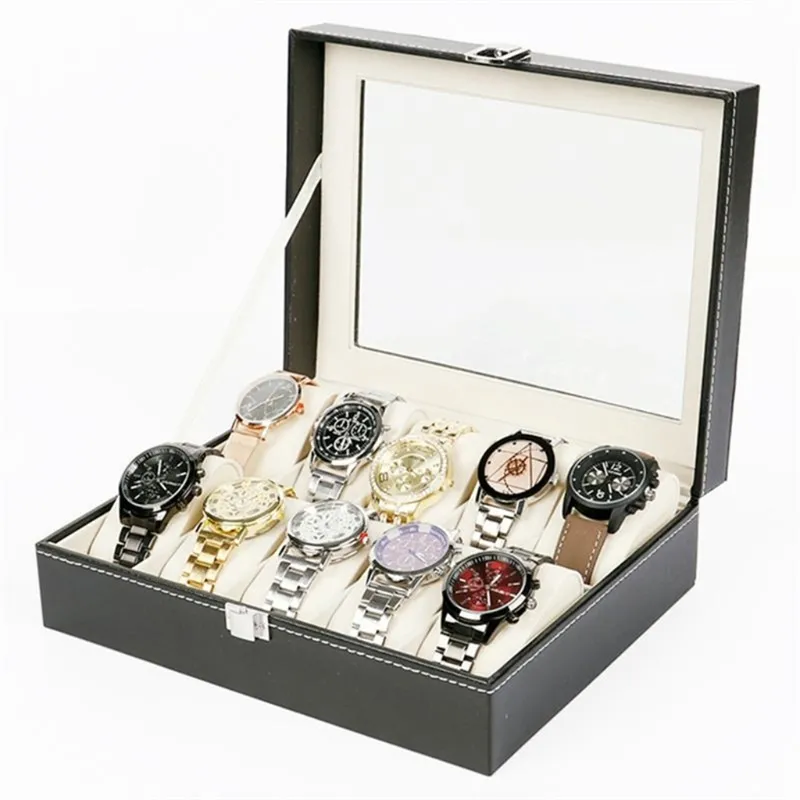 Scatola orologi di lusso con 10 griglie Custodia orologi in pelle PU Vetrina gioielli con serratura Copertura in vetro trasparente con serratura 220428