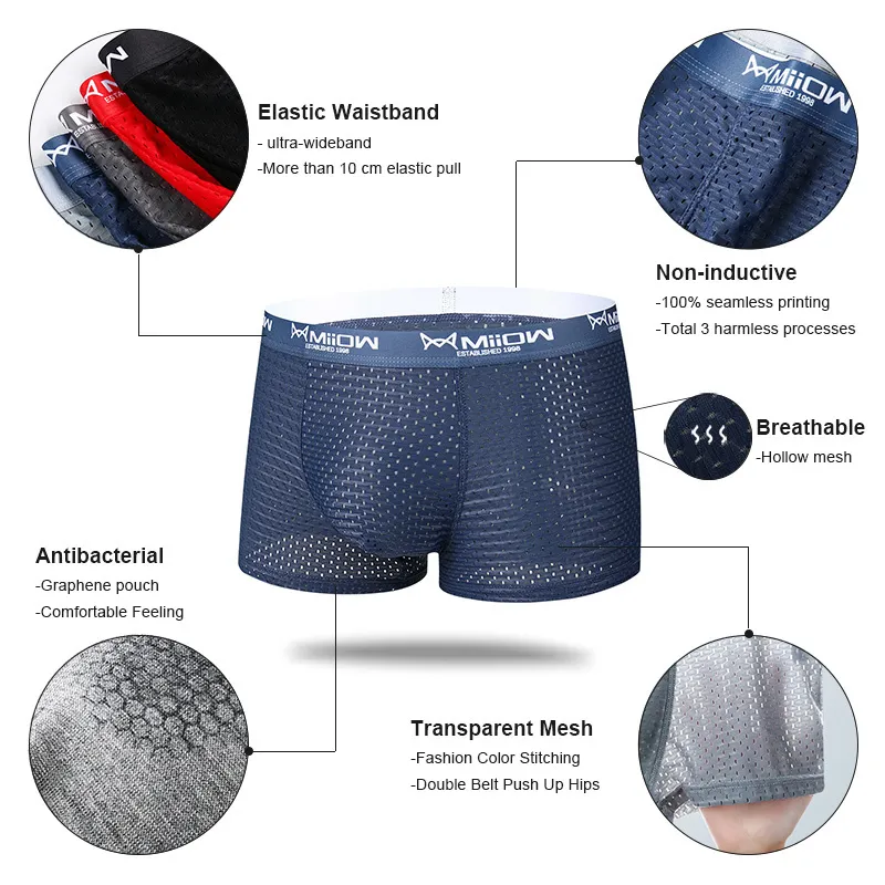 MiiOW Sexy Mesh Men Boxer Underwear Graphene Antibacterial Male Panties Ice Silk Underpants Breathable 4XL Boxershort 220423