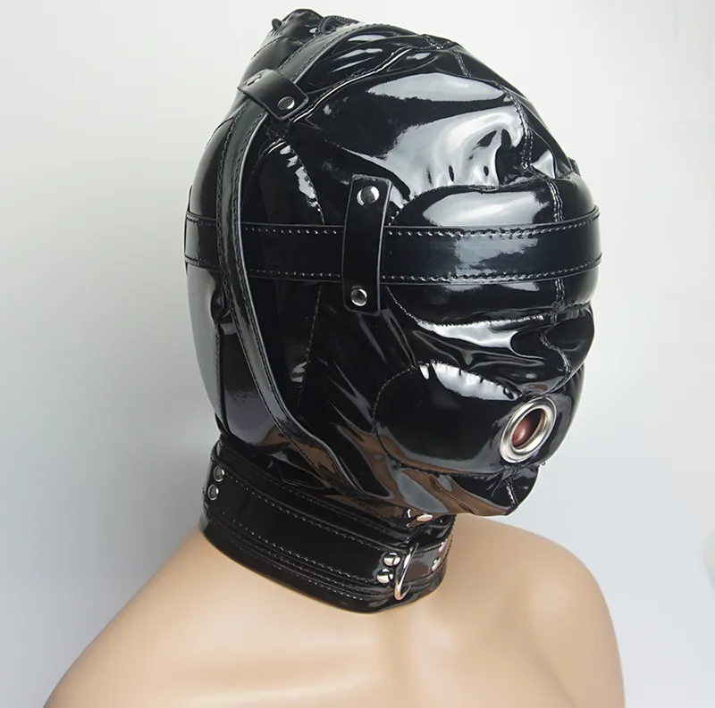 Bondage Full Hood Mask, BDSM Seksowne zabawki dla par, niewolnicza skóra wiązka wyściełana gimp, dildo/pierścień/knebl