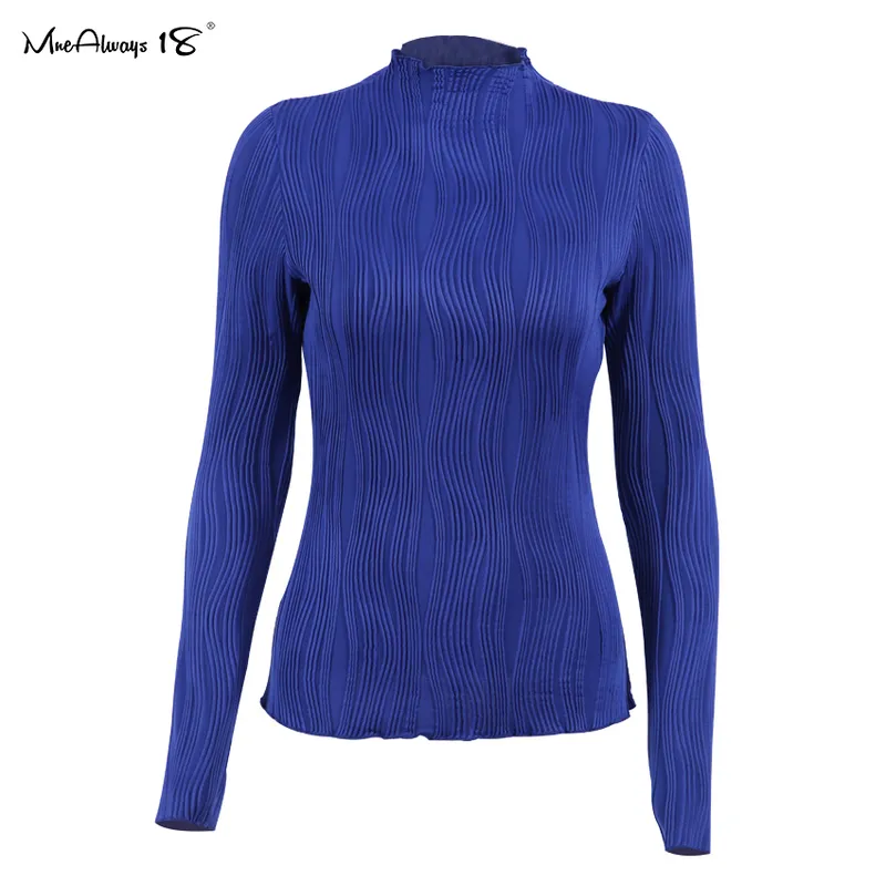 Mnisways18 Folds Chic Jersey T-shirt Blauw Turtleneck Tops Winter Inside Casual Bodycon Tee Vrouwelijke Lange Mouw Streetwear 220328