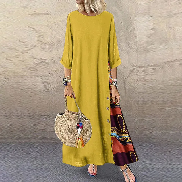 Kvinnor vintage maxi klänning Summer Solid O Neck Stitching Printed 3 4 Sleeve Side -knappar Es Loose Long Plus Size 220611