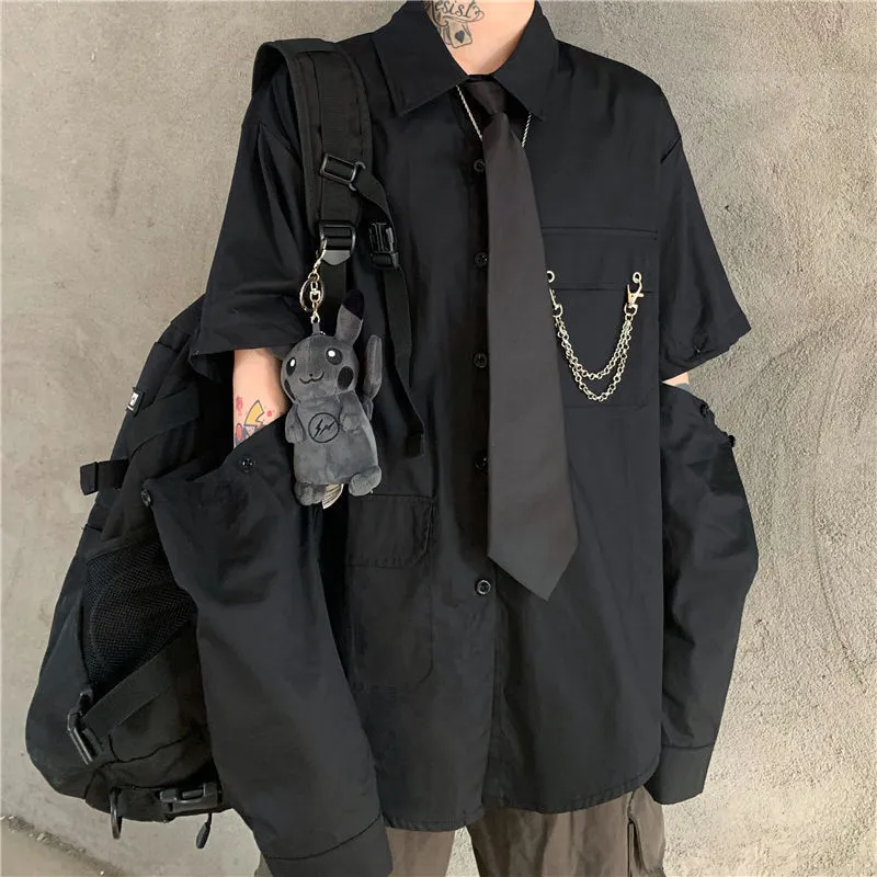 HOUZHOU Gray Shirts Women Harajuku Detachable Sleeve Oversized Bf Gothic Blouse with Tie Vintage Streetwear Punk Autumn Shirt 220513