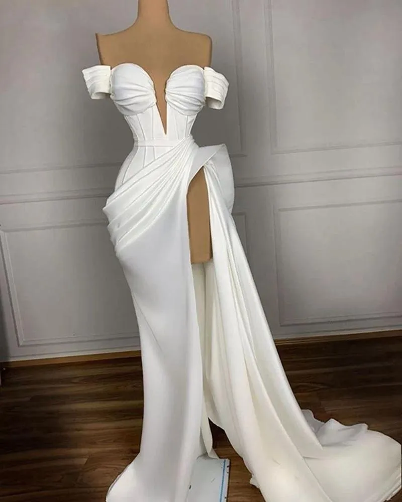 Sexy White Evening Dresses Long Off Shoulder Satin with High Slit Arabic African Women Formal Party Gowns Prom Dress BC11985