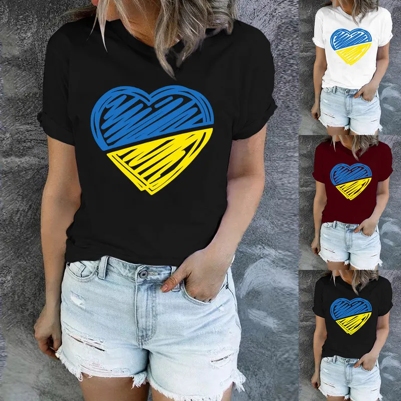 Été haut pour femme Ukraine imprimer t-shirts bleu et jaune motif coeur t-shirts dame adolescentes décontracté Streetwear vêtements a35 220615