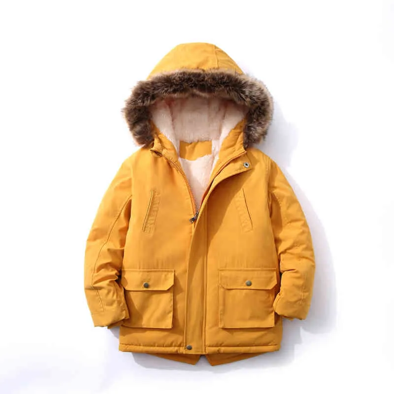 2022 Ny tonåring Winter Boys Jacket Päls krage fodrad med fleece stor storlek Håll varm tjock huva vindbrytare jacka för barn J220718