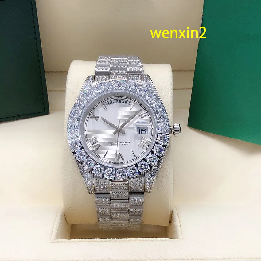 Classic Men's Watch Luxe 43 mm mechanische automatische roestvrijstalen stereo Romeinse horlogeband bezel vol diamanten