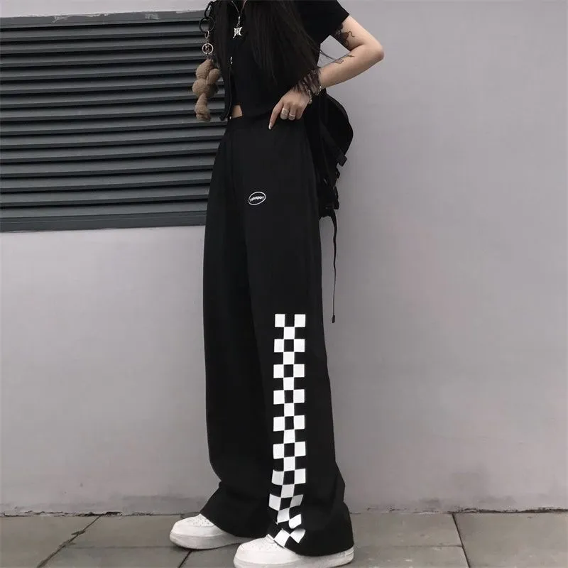 Houzhou Korean Fashion Oversize Plaid Kvinnors Sportbyxor Harajuku Jogging Balck Sweatpants Baggy Loose Wide Ben Byxor Femme 220325