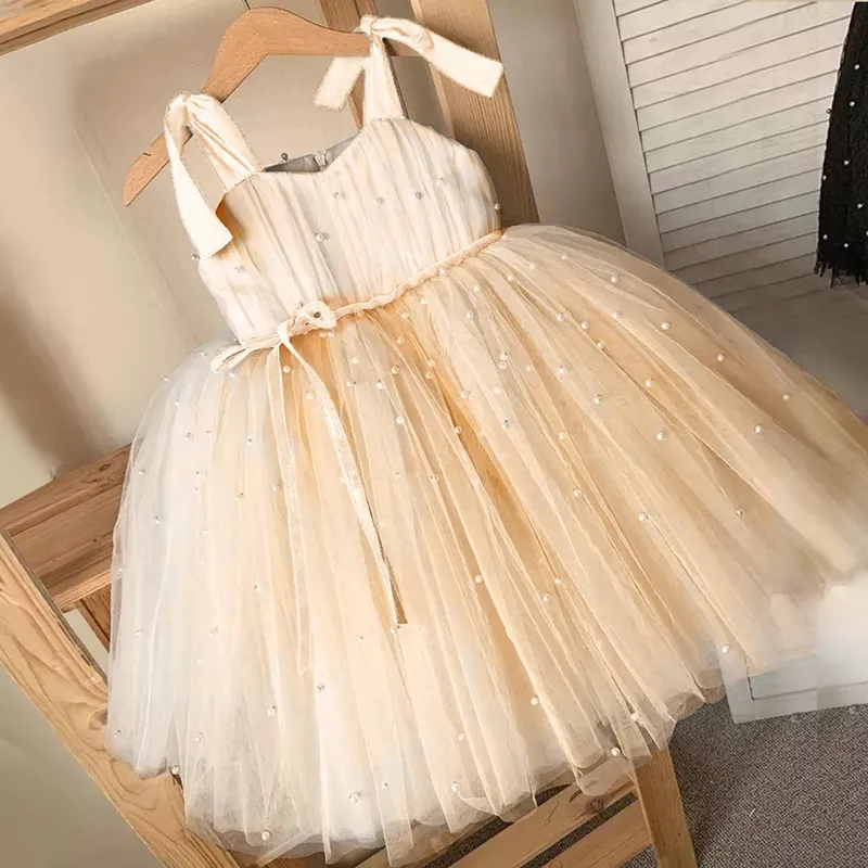 Summer Girl Tulle Dress Princess Party Tutu Fluffy Pearl Kids Wedding Evening Gown Children Clothing Baby Clothes Vestidos 220422