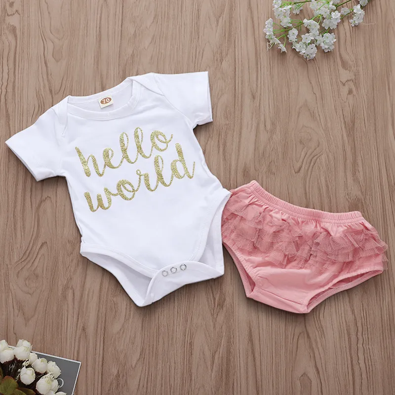 EAZII Hello World imprimer né infantile bébé fille barboteuse combinaison avec sous-vêtements à manches courtes Sunsuit vêtements d'été tenue 024M 220607262999