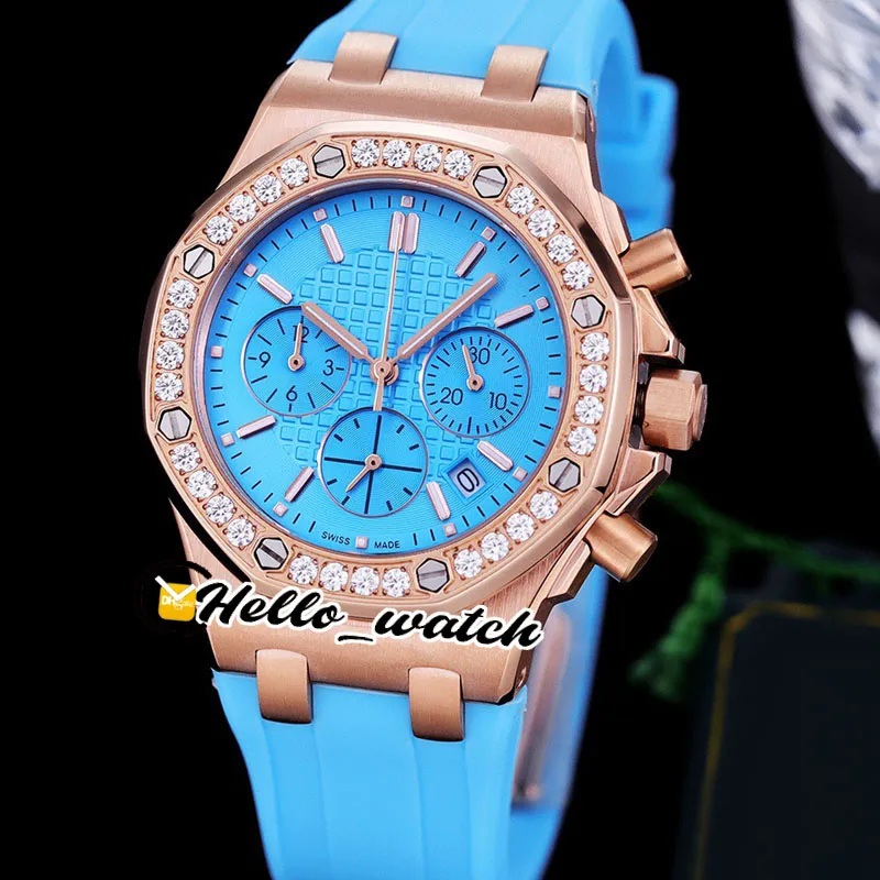 37 -мм дата 26231 Miyota Quartz Chronograph Womens Watch Pink Texture Dial Spectatch Rose Gold Корпус Алмаз Безел Резийный ремешок FASHI2625