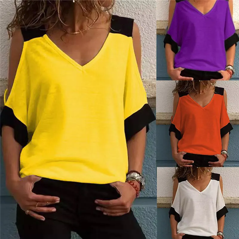 Kadınların Patchwork soğuk omuz kapalı tişört mahsulü üst v yakalı yarım kollu kadın tişört sıradan artı boyut 220427