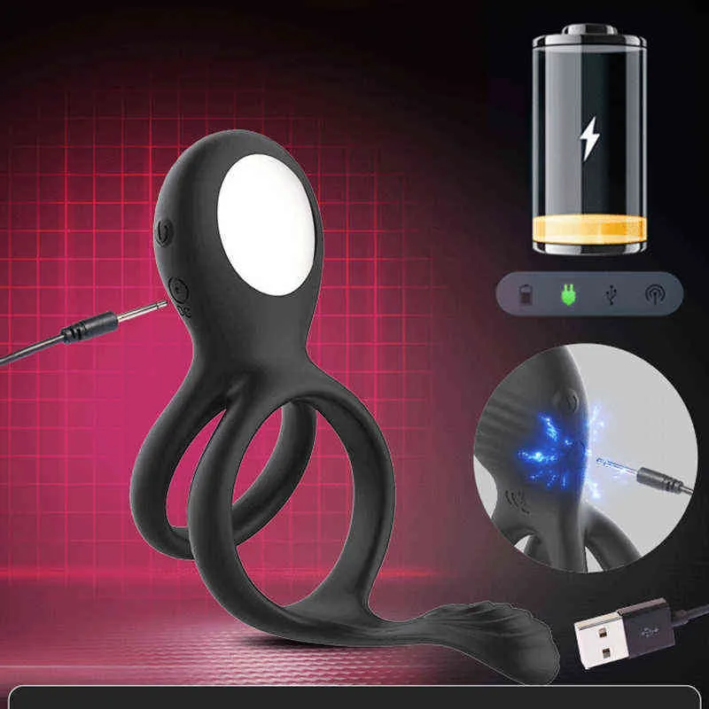 Nxy Cockrings New Vibrating Penis Ring Dual Cock Testicle Massager Clitoris Stimulate Anal Vibrator Sex Toys for Men Couple 220505