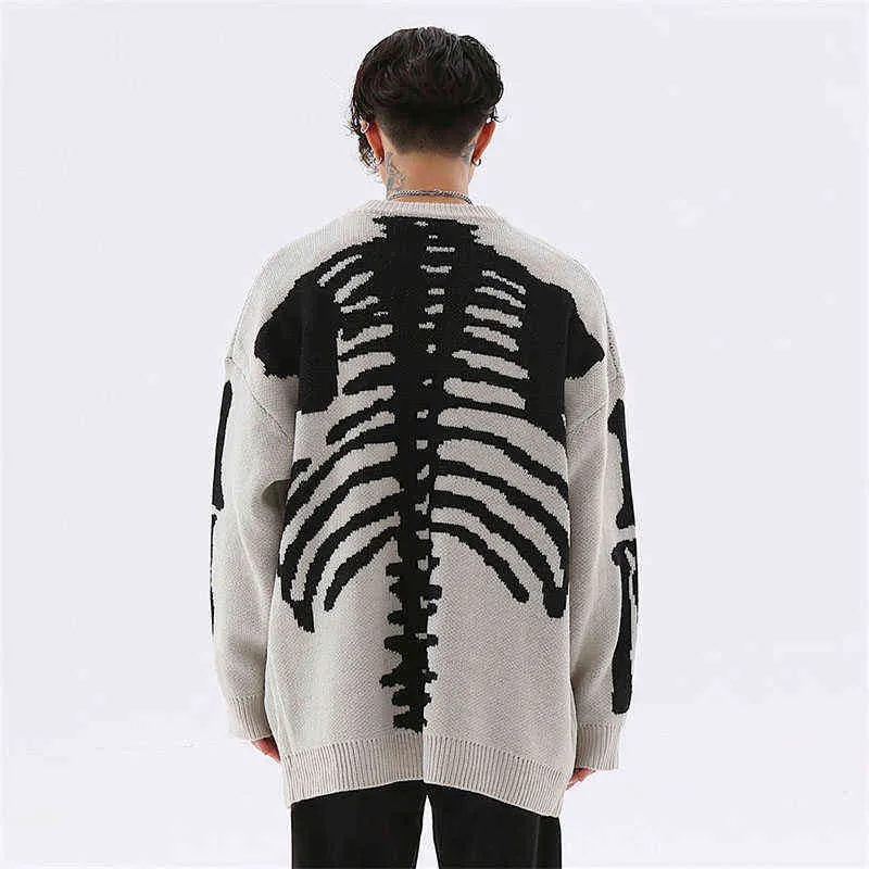 Oversized Hip Hop Skull Gedrukte trui Harajuku Streetwear Whiter Pullover Sweater voor mannelijke gebreide trui G22801