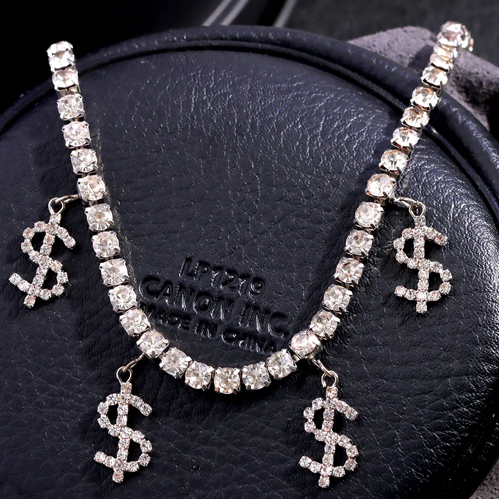 Hip Hop lodowany kryształowy znak wisiorek dla kobiet Bling Bling Rhinestone Tennis Chain Choker Naszyjnik mody biżuteria