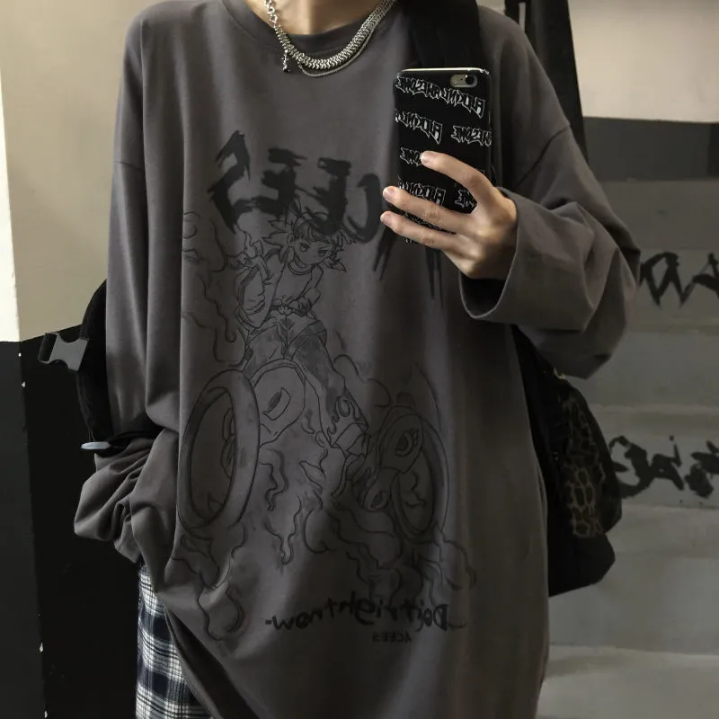 Harajuku T-shirts à manches longues Noir Gothique Dessin animé Rétro Imprimer Mode Lâche Streetwear Baggy Hip Hop BF Oversize Hommes T-shirts 220708