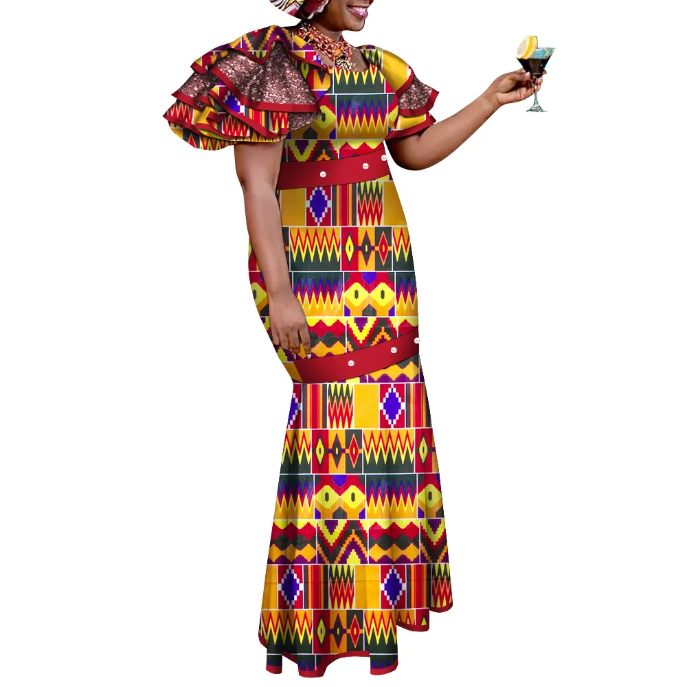 Bintarealwax Afrikalı Kadın Elbiseler İnciler Afrika Pamuk Kumaşdress Boho Stil Uzun Parti Elbiseleri Vestidos WY9718