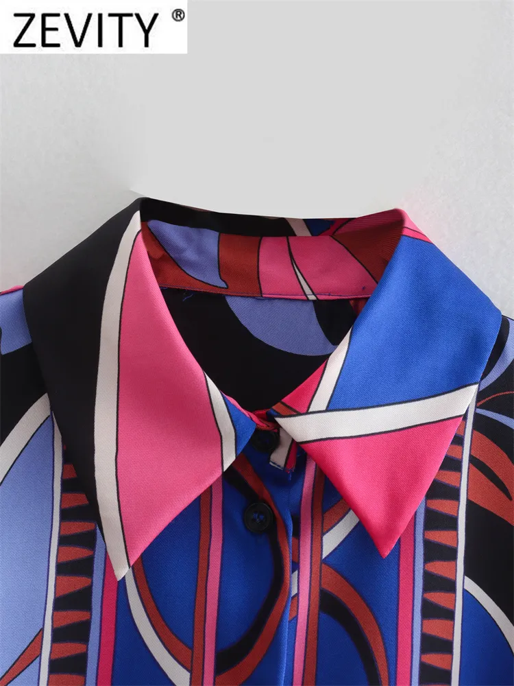 Zevity Dames Vintage Contrast Kleur Geometrische Print Kiel Blouse Kantoor Dame Zakelijke Shirts Chic Retro Blusas Tops LS424 220623