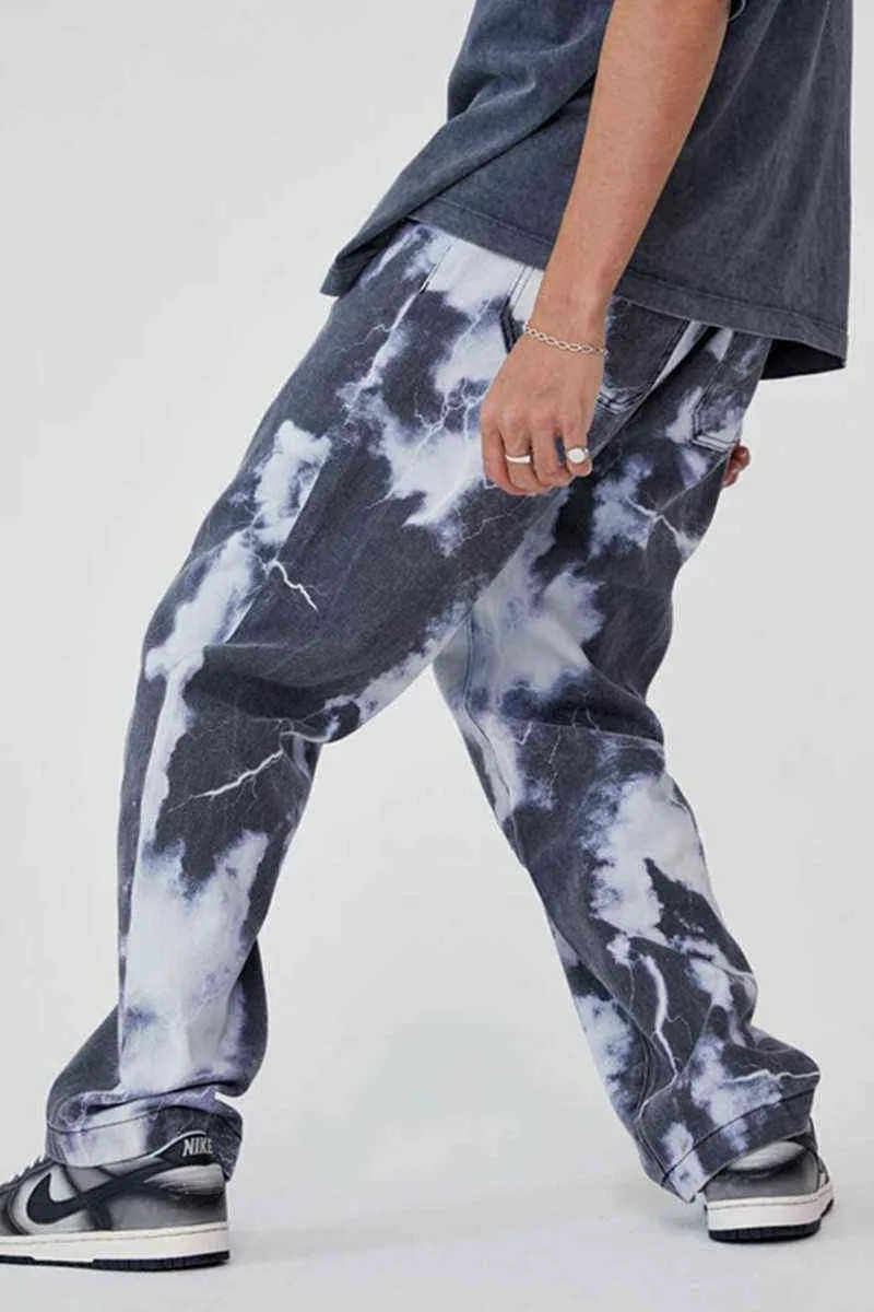 2021 New Men Loose Denim Pants Adults Color Block Lightning Cloud Print Trousers Loose Skate Pants Pockets Hip-hop Jeans S-3XL G0104