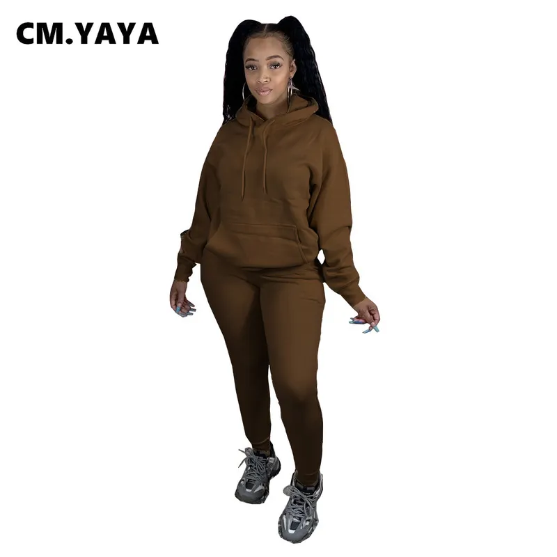 CM.Yaya Active Sweatsue Två Set för Kvinnor Vinter Fitness Outfit Fleece Pullover Hoodies + Jogger Byxor Matchande Tracksuit 220315