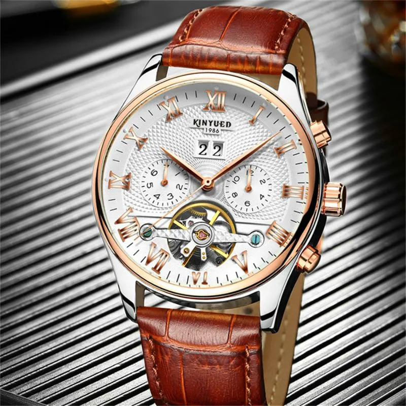 Relógios de pulso Kinyued Homens Tourbillon Relógio Automático Marca de Moda de Luxo Relógios Mecânicos de Couro Relógio de Negócios Relojes Hombre 248T