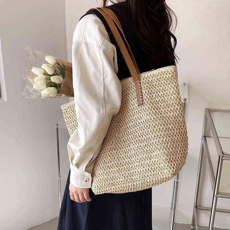 Shopping Bags Hand-woven Women's Shoulder Handbag Bohemian Summer Fashion Straw Beach Tote Bag Travel Shopper Weaving 01180318