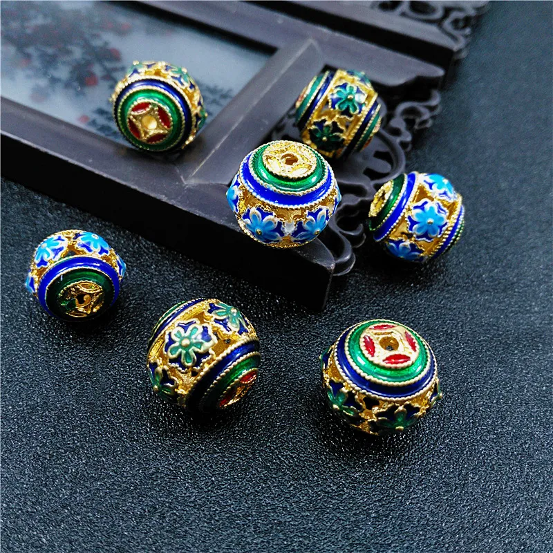 Cloisonne Round Beads Diy مصنوعة يدويًا حبات الزهرة الصغيرة الملحقات النحاس المحترق الأزرق الزرق