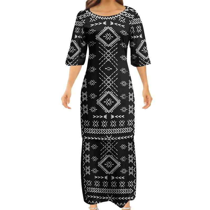 Samoan Puletasi Polynesian Tattoot Pattern Women Vresses Lady Design Dress مطابقة للرجال القمصان ذات الأكمام القصيرة.