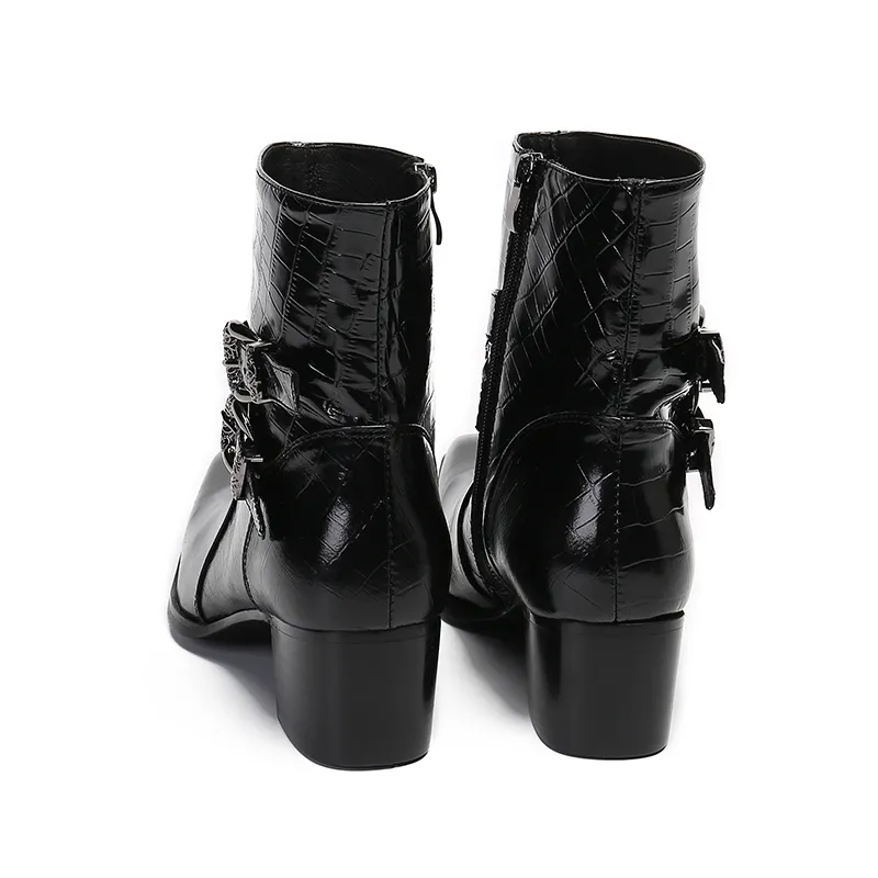Stivali da uomo neri con tacchi alti autunnali Fibbia cintura doppia a punta Modello in vera pelle Catwalk Luxury Social contact Martin Boots