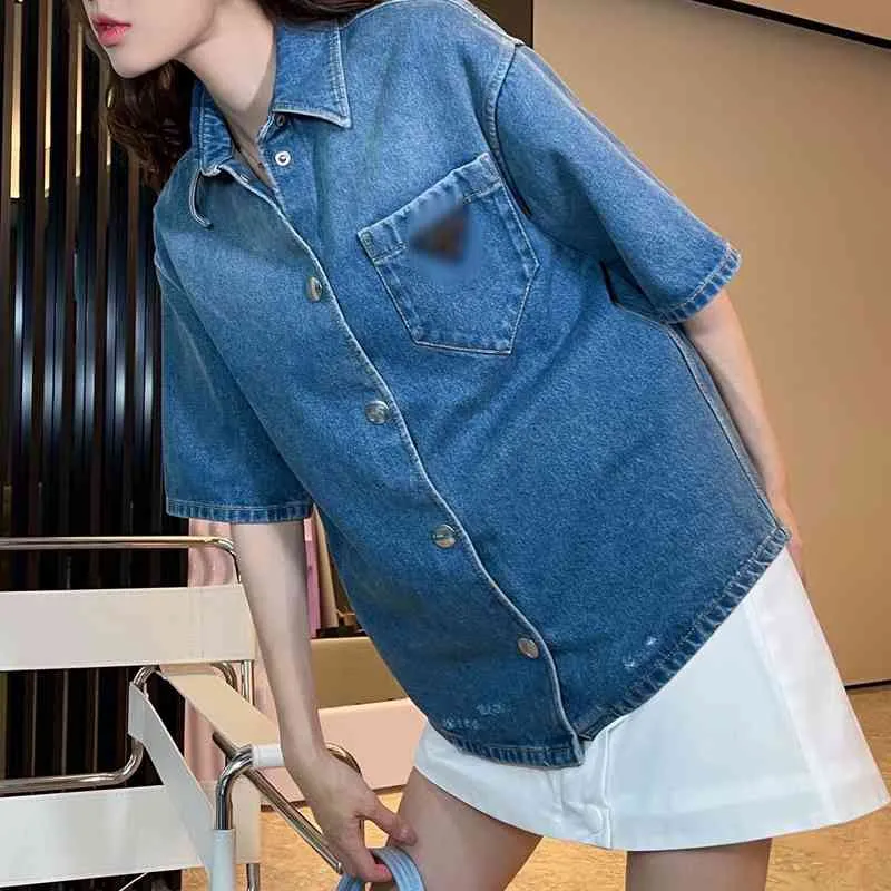 made old Denim Short Sleeve Shirt summer novelty inverted triangle pocket button loose top for men and women