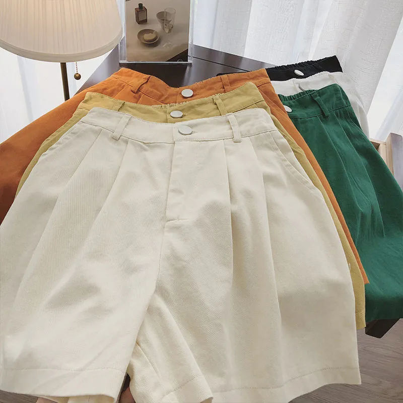 Женские летние шорты в корейском стиле конфеты с твердым цветом хлопок повседневной шлюз бермудской кнопки для ноги летают с высокой талией 2220704